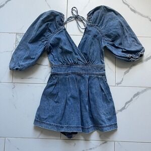 Free People Greta Denim Puff sleeve Cute Jean Romper 0